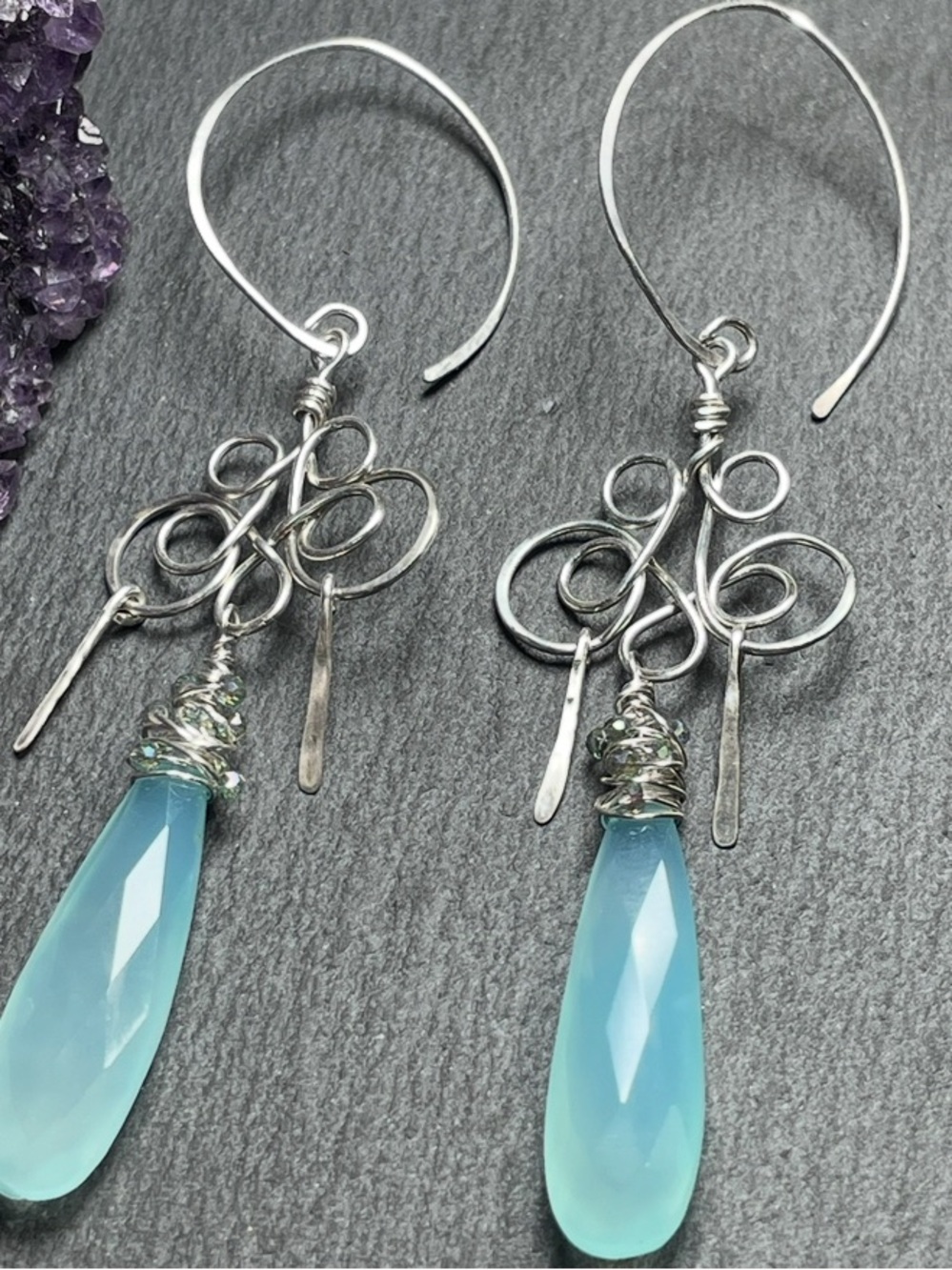 Artisan Sterling Silver Earrings with Soft Blue Chalcedony Drops - Picture 4 of 7